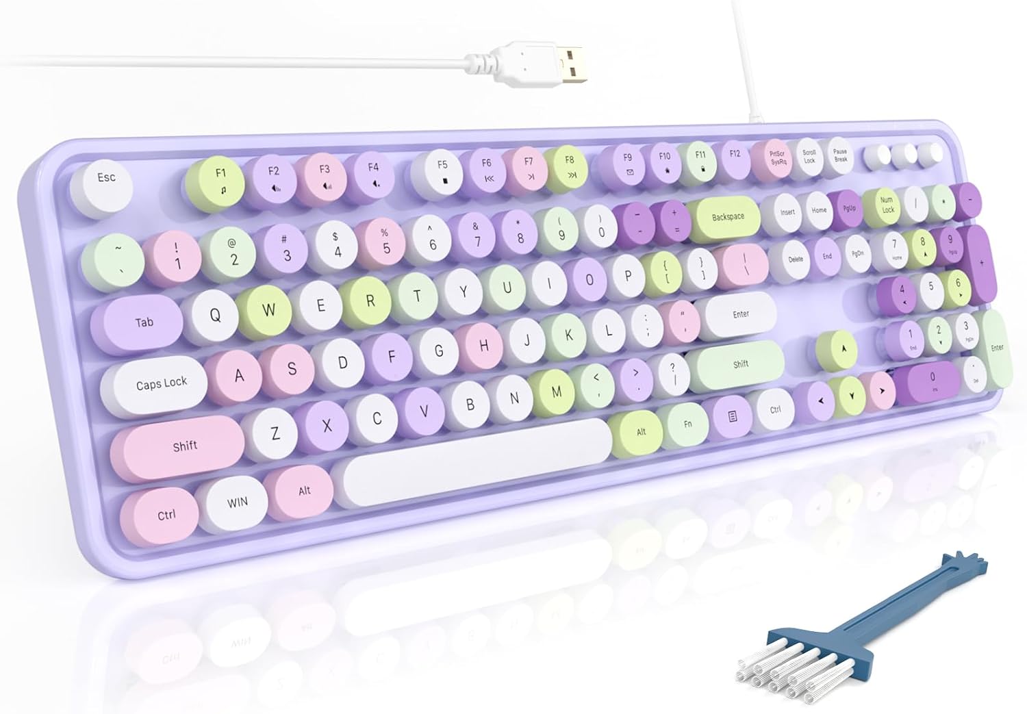 Wired Full-Size USB Keyboard—Colorful Retro Round Typewriter-Style Keyboard with Foldable Stand