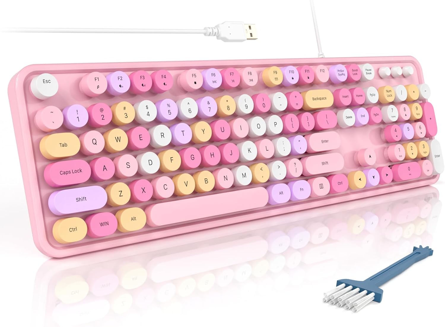 Wired Full-Size USB Keyboard—Colorful Retro Round Typewriter-Style Keyboard with Foldable Stand