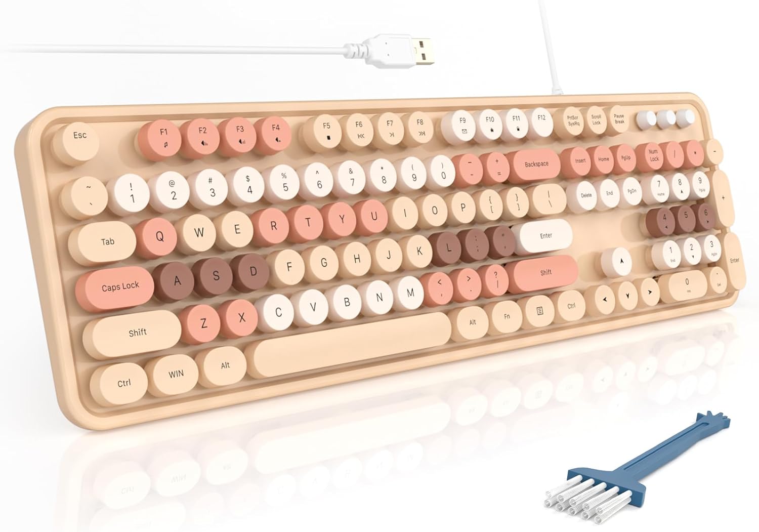 Wired Full-Size USB Keyboard—Colorful Retro Round Typewriter-Style Keyboard with Foldable Stand