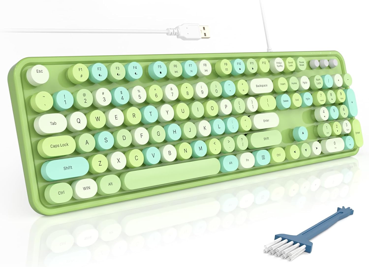 Wired Full-Size USB Keyboard—Colorful Retro Round Typewriter-Style Keyboard with Foldable Stand