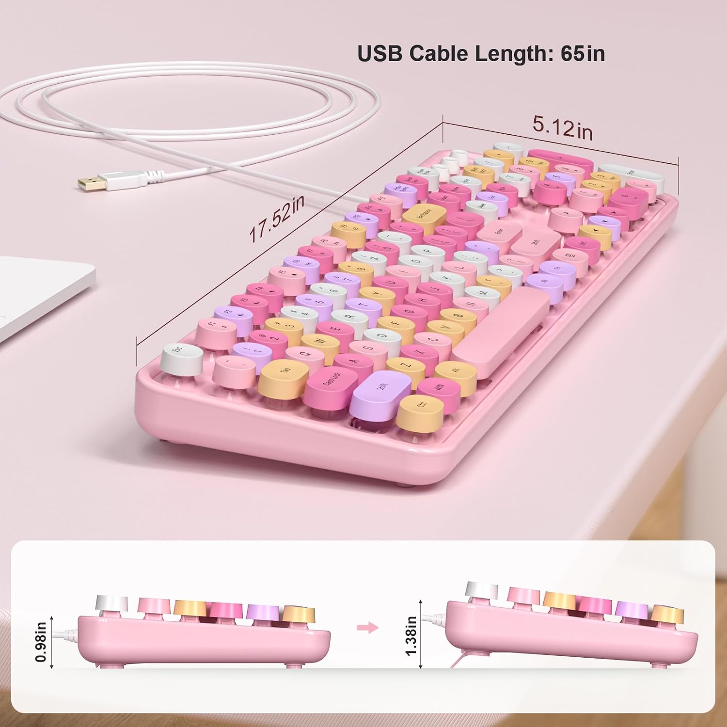 Wired Full-Size USB Keyboard—Colorful Retro Round Typewriter-Style Keyboard with Foldable Stand