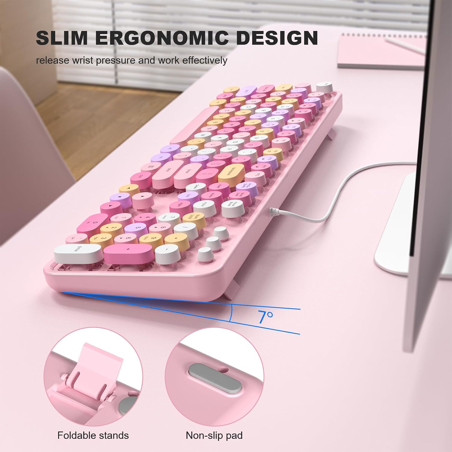 Wired Full-Size USB Keyboard—Colorful Retro Round Typewriter-Style Keyboard with Foldable Stand