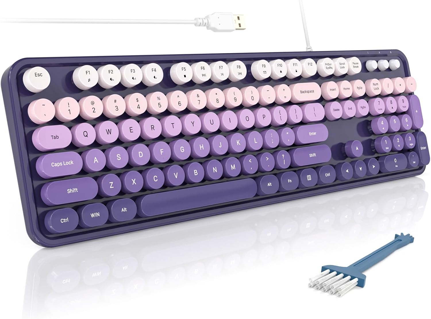 Wired Full-Size USB Keyboard—Colorful Retro Round Typewriter-Style Keyboard with Foldable Stand