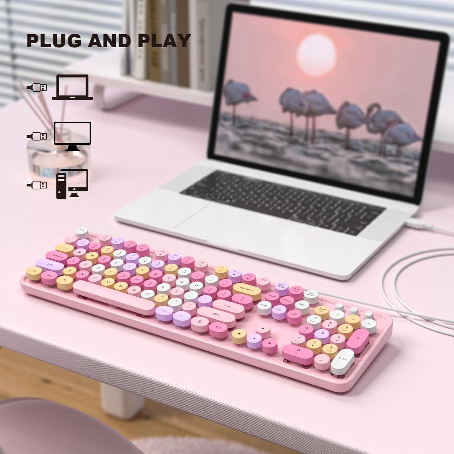 Wired Full-Size USB Keyboard—Colorful Retro Round Typewriter-Style Keyboard with Foldable Stand