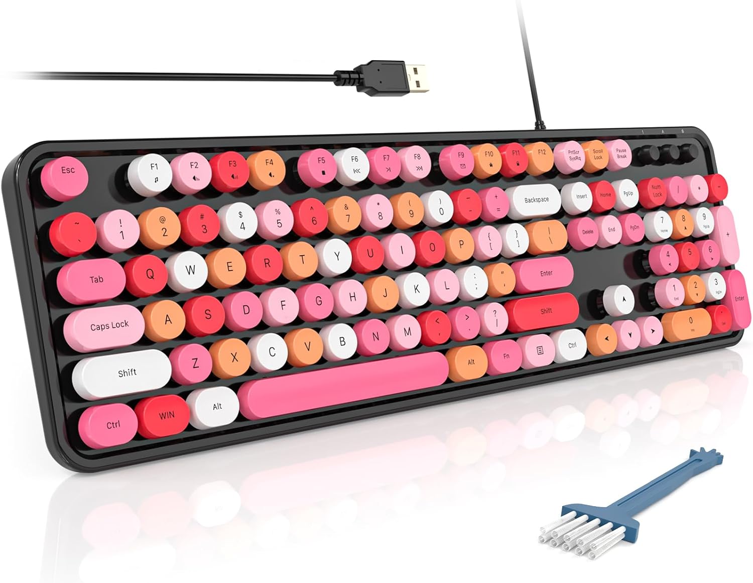 Wired Full-Size USB Keyboard—Colorful Retro Round Typewriter-Style Keyboard with Foldable Stand