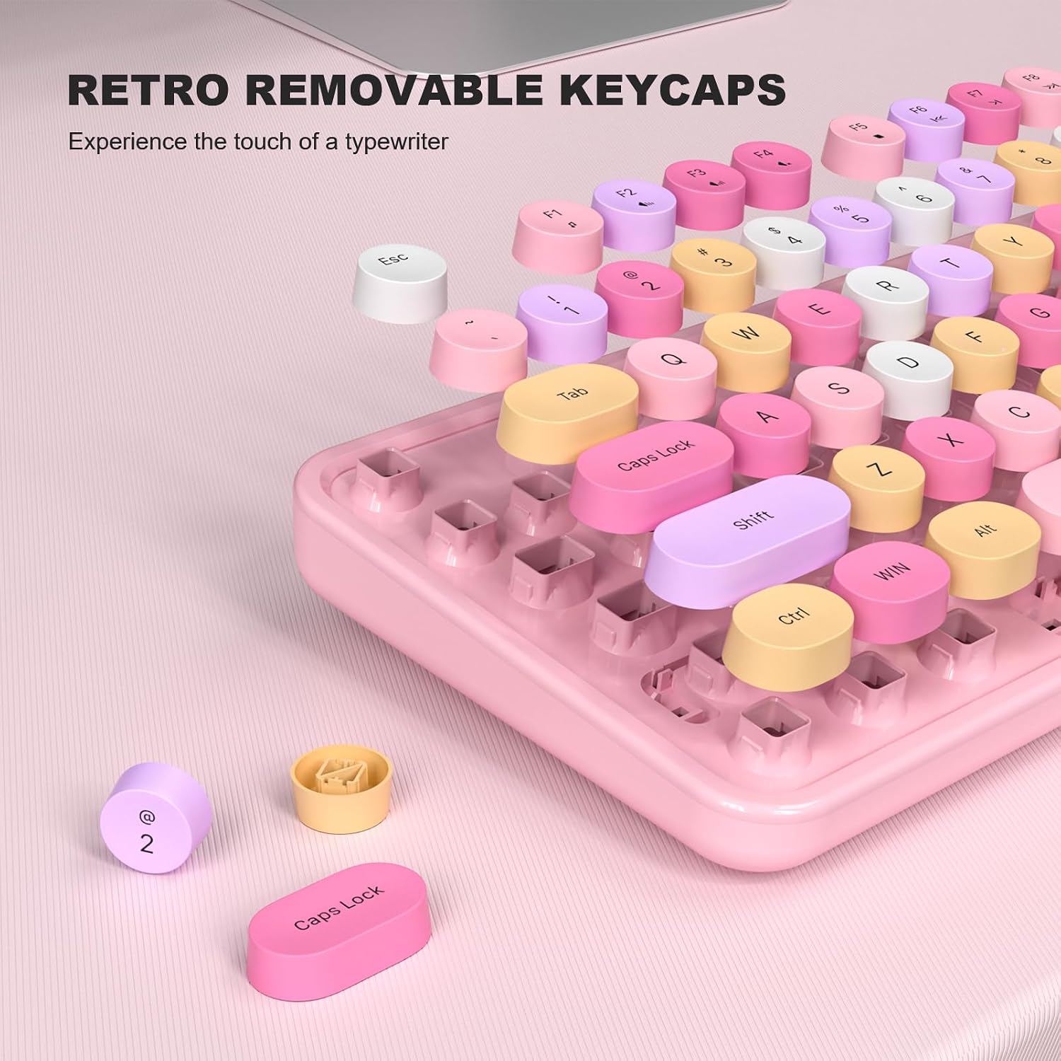 Wired Full-Size USB Keyboard—Colorful Retro Round Typewriter-Style Keyboard with Foldable Stand