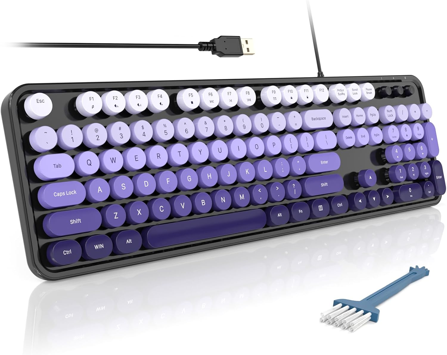 Wired Full-Size USB Keyboard—Colorful Retro Round Typewriter-Style Keyboard with Foldable Stand