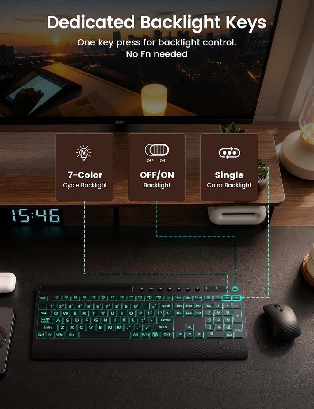 Large-Print Backlit Keyboard — Plug-and-Play USB Wired Computer Keyboard