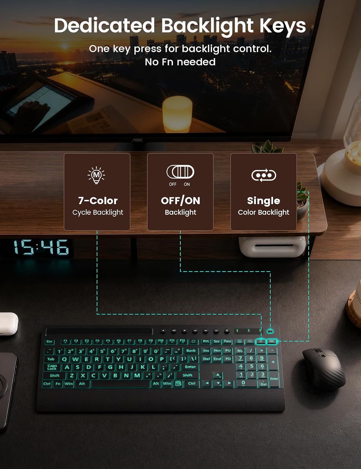 Large-Print Backlit Keyboard — Plug-and-Play USB Wired Computer Keyboard