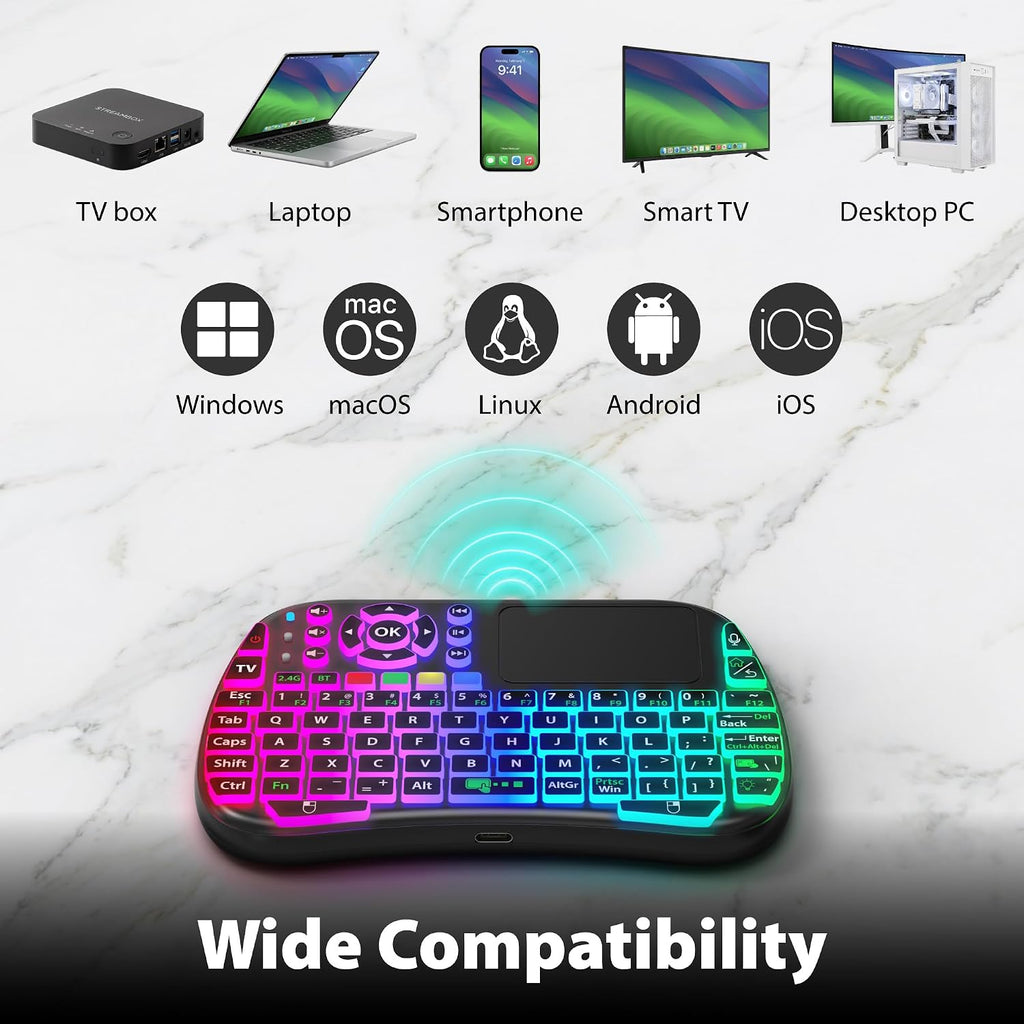 Mini keyboard (with touchpad mouse): Supports dual-mode connectivity (2.4G and 5.2) and multimedia hotkeys.