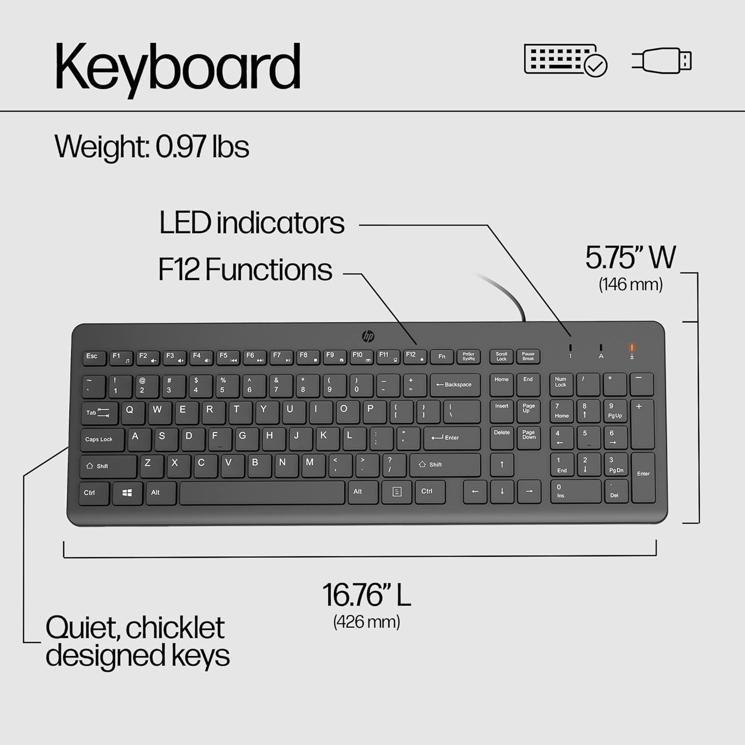 HP 150 Wired Keyboard — Full-size keyboard (with numeric keypad)