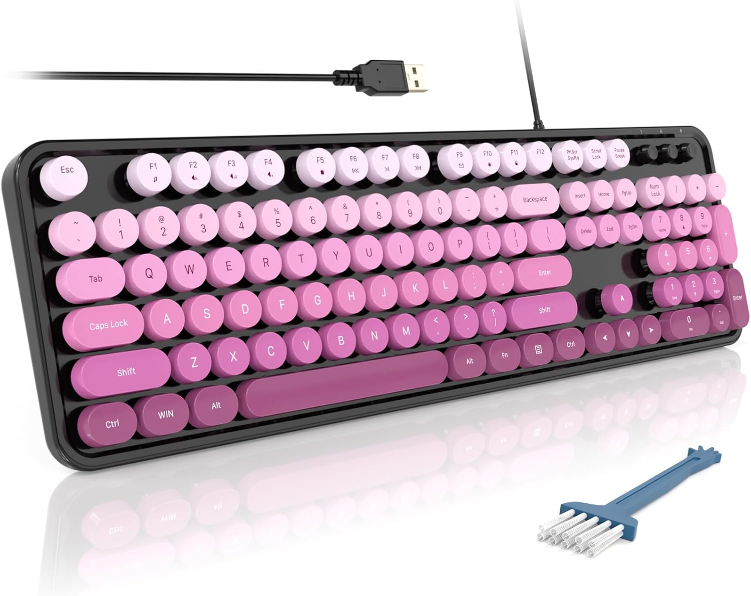Wired Full-Size USB Keyboard—Colorful Retro Round Typewriter-Style Keyboard with Foldable Stand