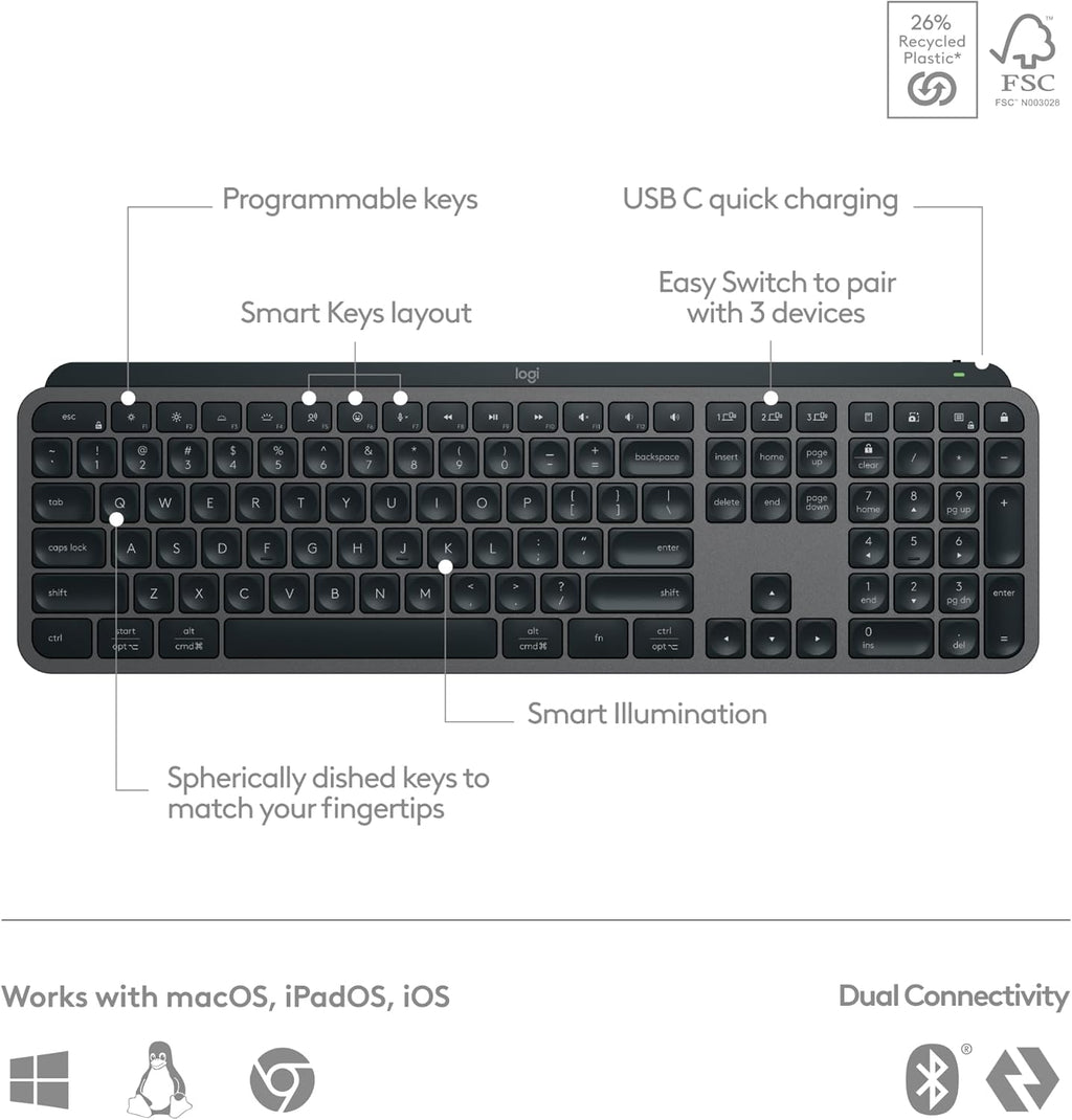 MX Keys S Wireless Keyboard — low-profile design; fluid, precise, and quiet typing;