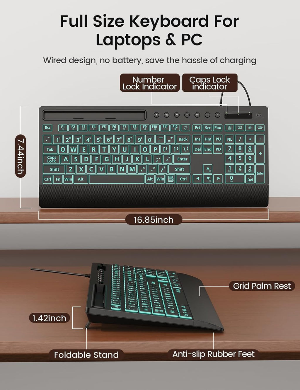 Large-Print Backlit Keyboard — Plug-and-Play USB Wired Computer Keyboard