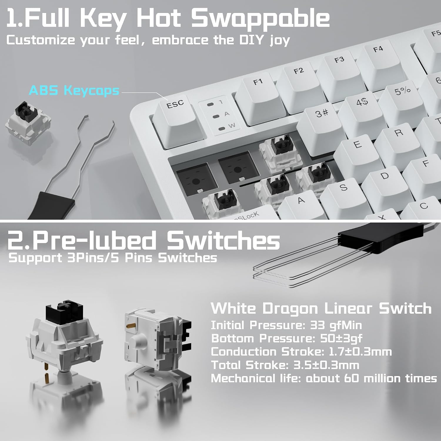 Wireless Mechanical Gaming Keyboard — Supports tri-mode connectivity (Wired / 2.4G / Bluetooth 5.0)