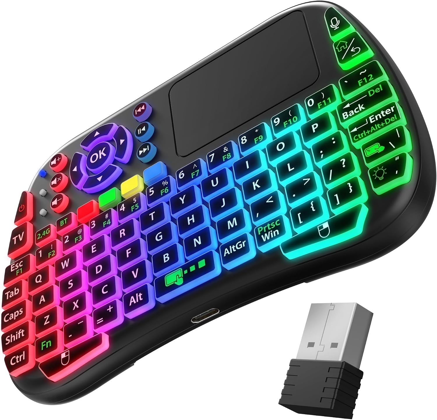 Mini keyboard (with touchpad mouse): Supports dual-mode connectivity (2.4G and 5.2) and multimedia hotkeys.