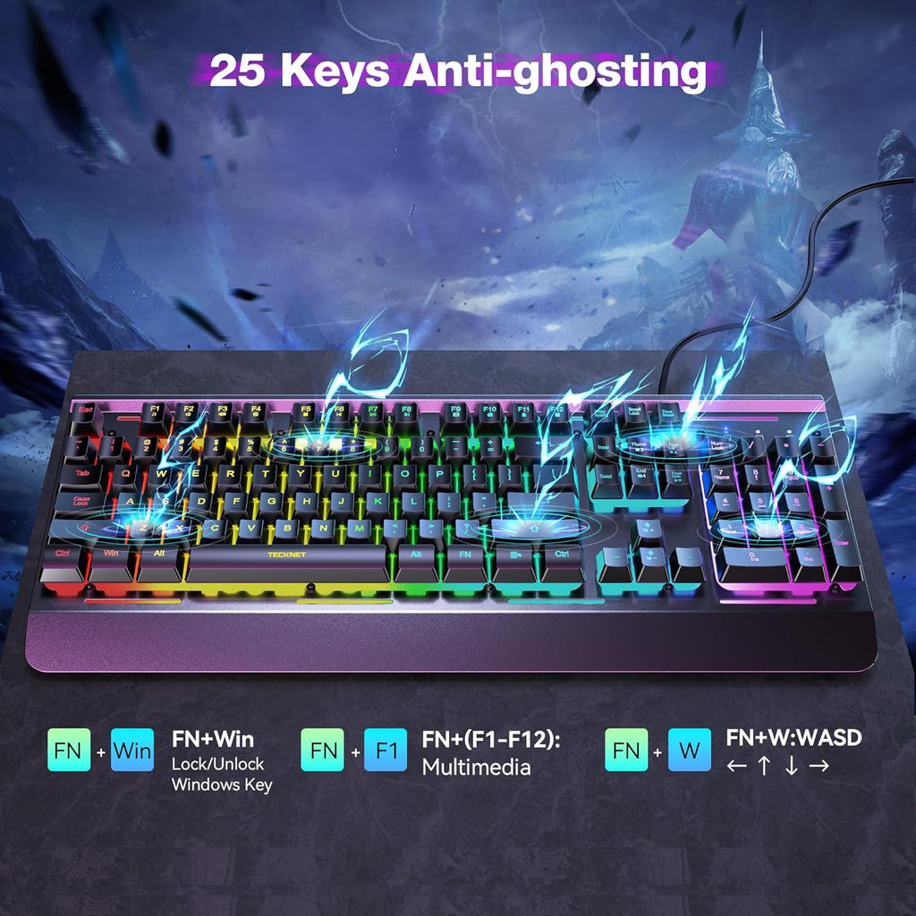 Wired Gaming Keyboard – USB wired computer keyboard, 15-zone RGB backlighting, IP32 waterproof rating.