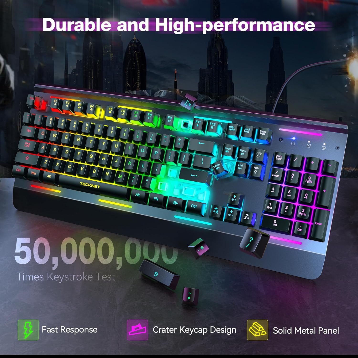 Wired Gaming Keyboard – USB wired computer keyboard, 15-zone RGB backlighting, IP32 waterproof rating.