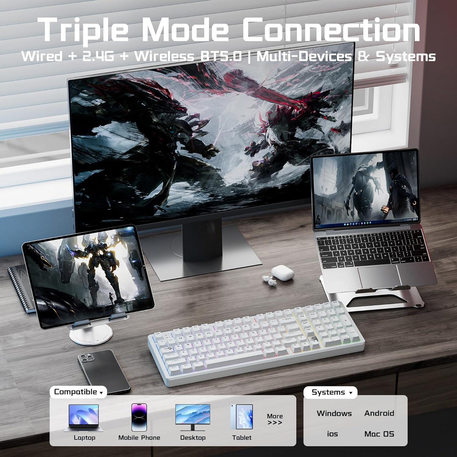 Wireless Mechanical Gaming Keyboard — Supports tri-mode connectivity (Wired / 2.4G / Bluetooth 5.0)