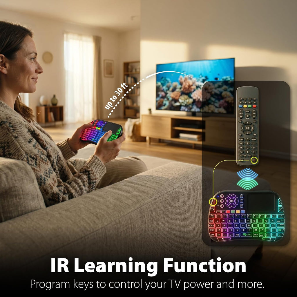 Mini keyboard (with touchpad mouse): Supports dual-mode connectivity (2.4G and 5.2) and multimedia hotkeys.