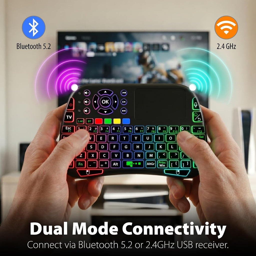 Mini keyboard (with touchpad mouse): Supports dual-mode connectivity (2.4G and 5.2) and multimedia hotkeys.
