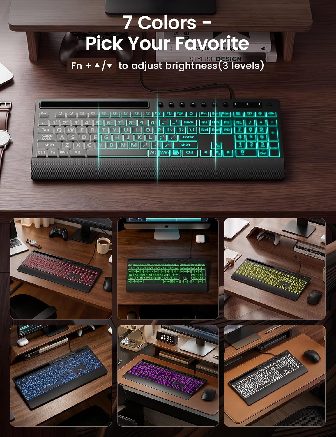 Large-Print Backlit Keyboard — Plug-and-Play USB Wired Computer Keyboard