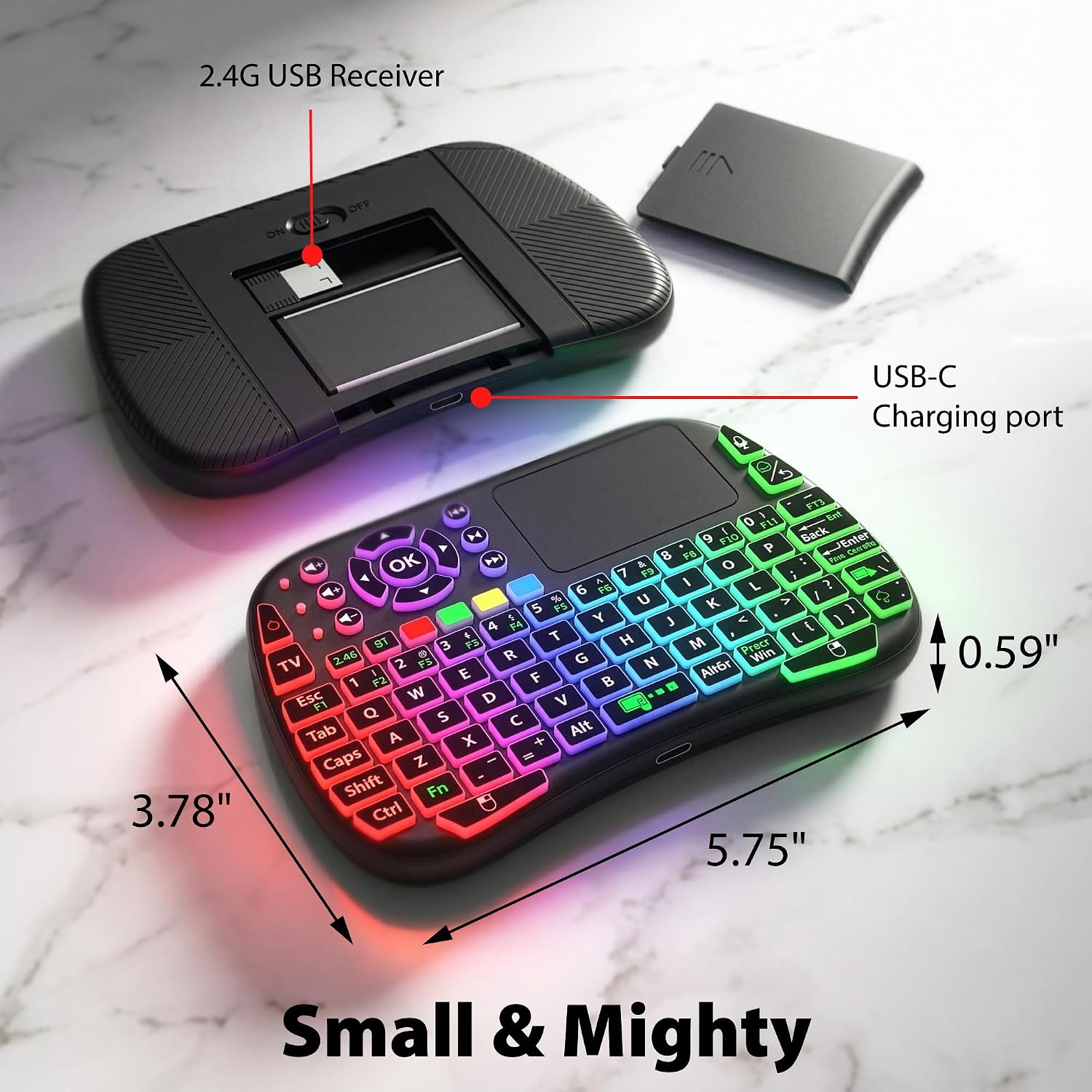 Mini keyboard (with touchpad mouse): Supports dual-mode connectivity (2.4G and 5.2) and multimedia hotkeys.