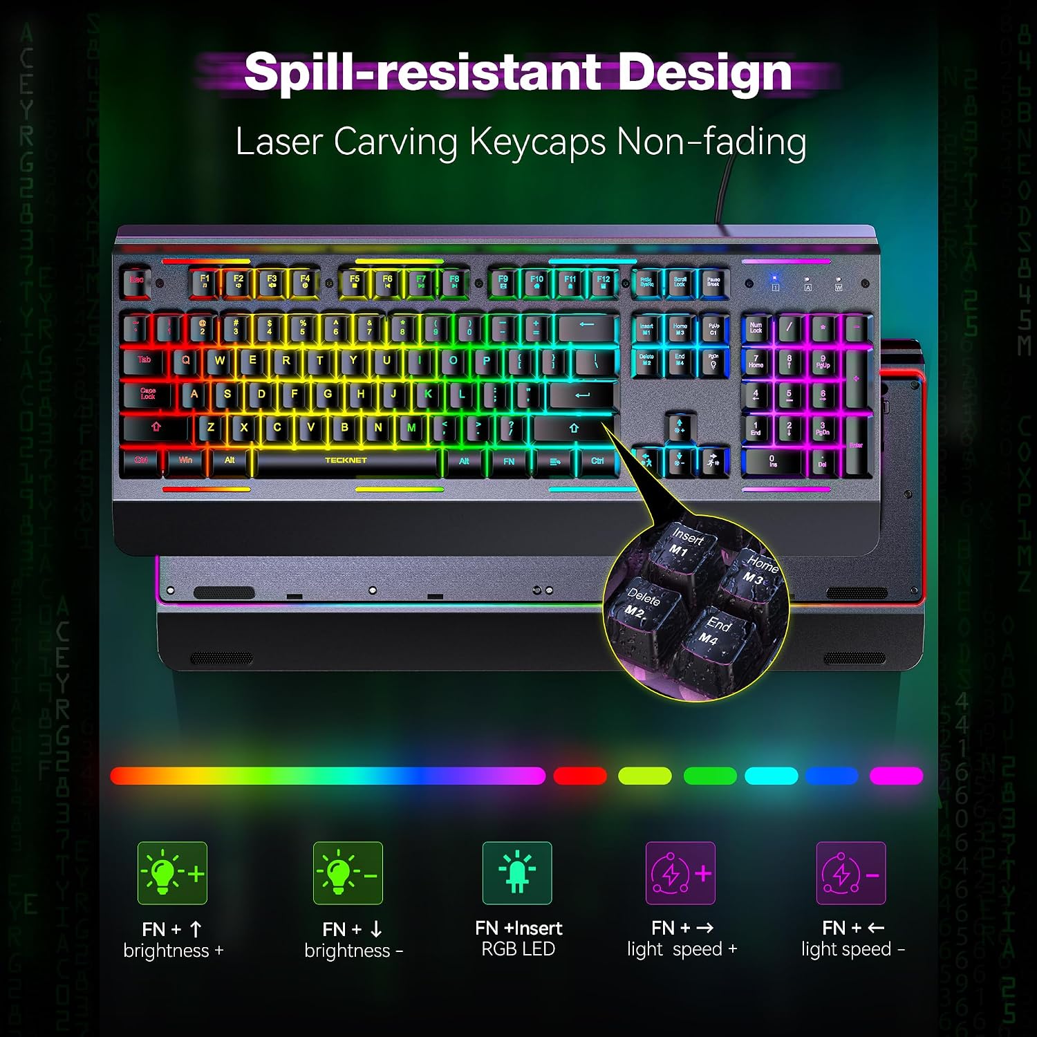 Wired Gaming Keyboard – USB wired computer keyboard, 15-zone RGB backlighting, IP32 waterproof rating.