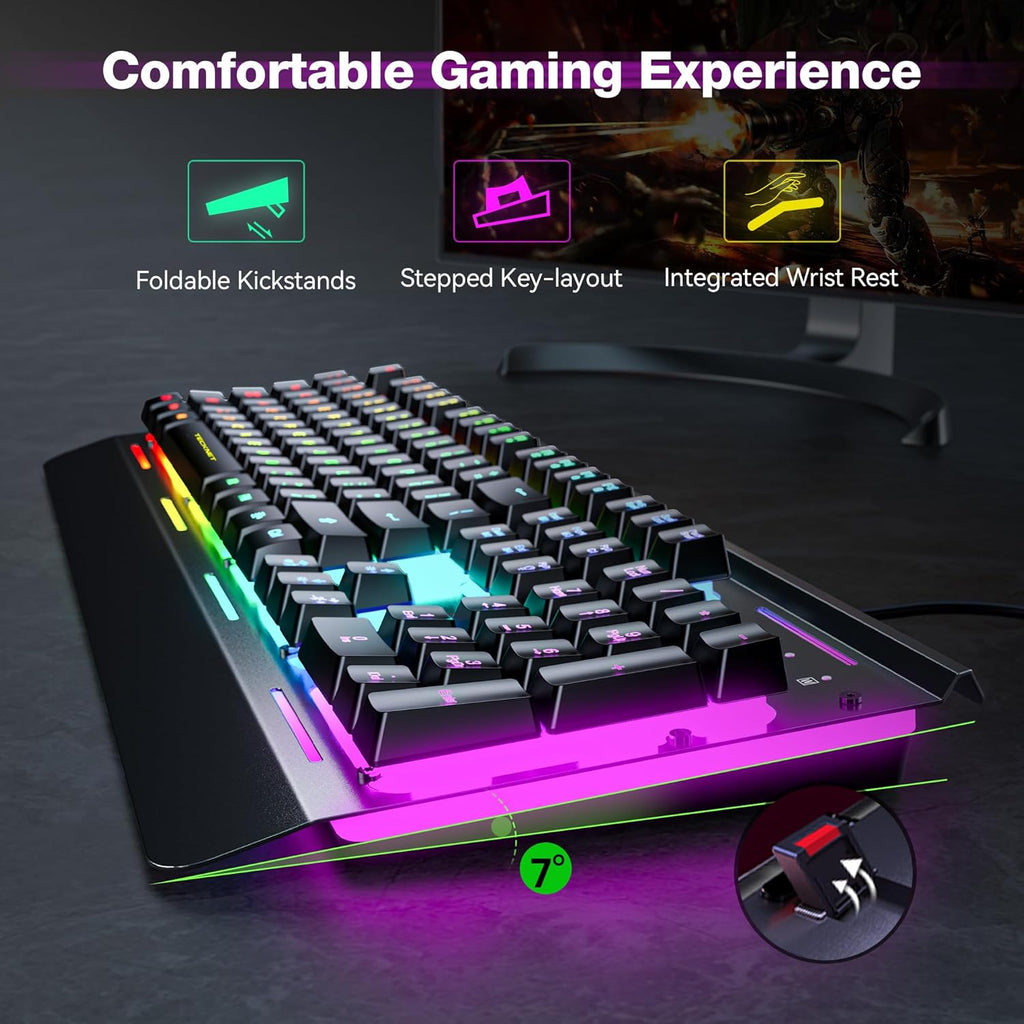 Wired Gaming Keyboard – USB wired computer keyboard, 15-zone RGB backlighting, IP32 waterproof rating.