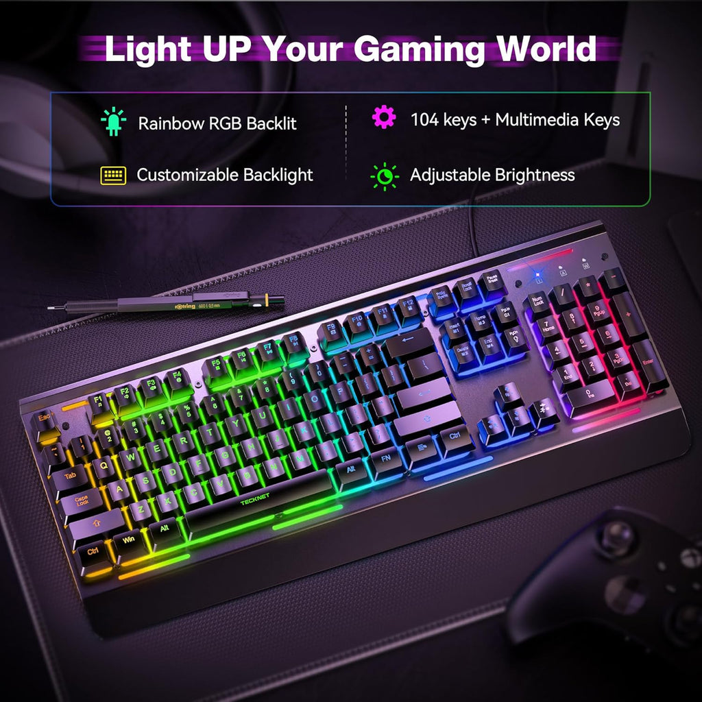 Wired Gaming Keyboard – USB wired computer keyboard, 15-zone RGB backlighting, IP32 waterproof rating.