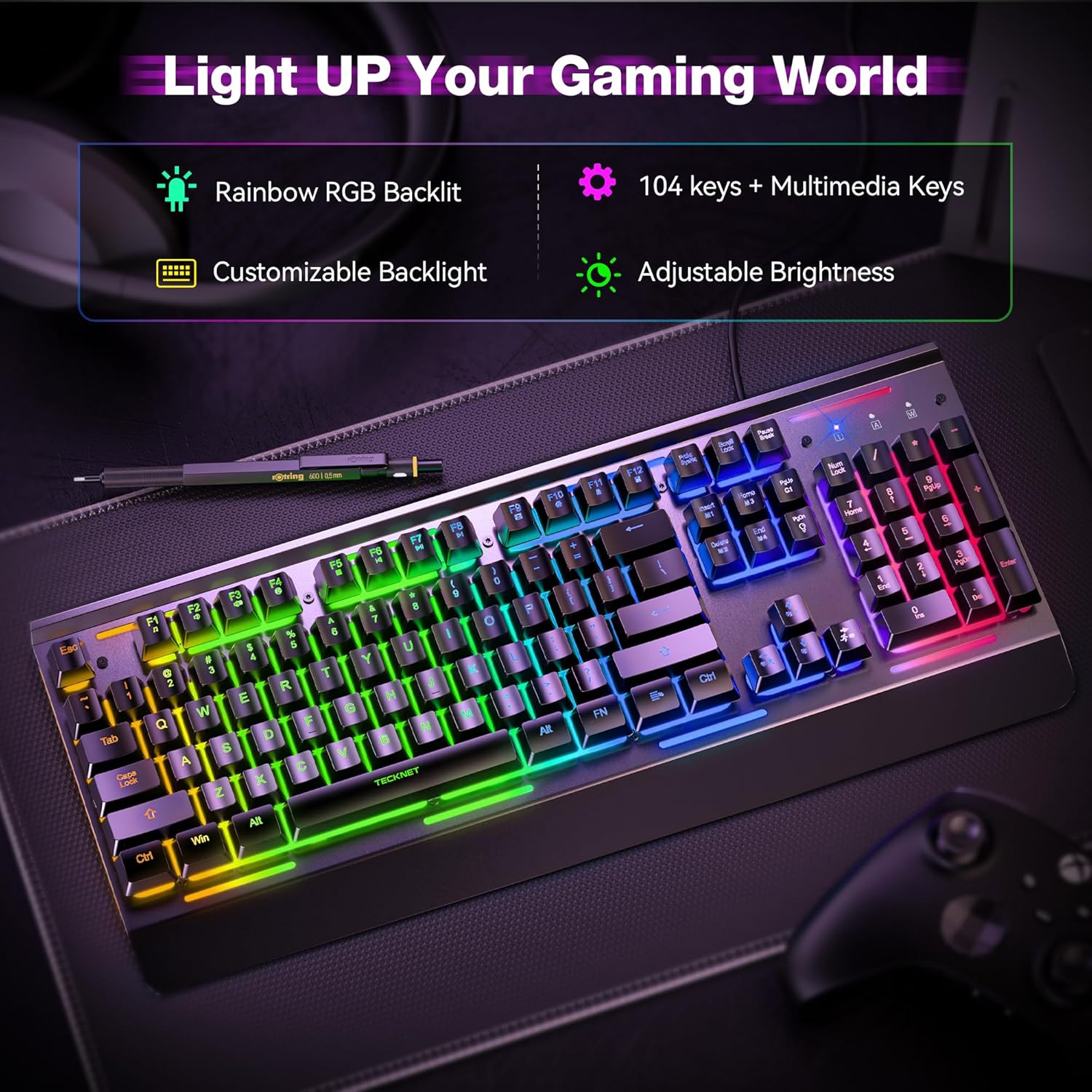 Wired Gaming Keyboard – USB wired computer keyboard, 15-zone RGB backlighting, IP32 waterproof rating.
