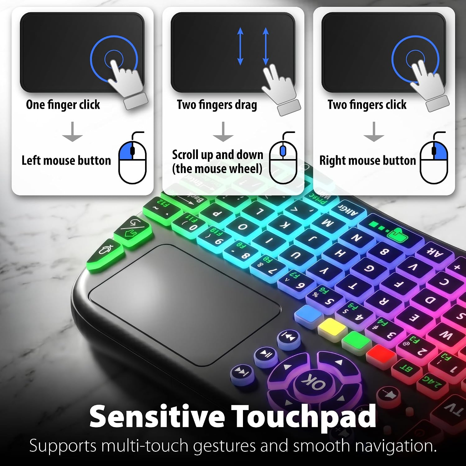 Mini keyboard (with touchpad mouse): Supports dual-mode connectivity (2.4G and 5.2) and multimedia hotkeys.
