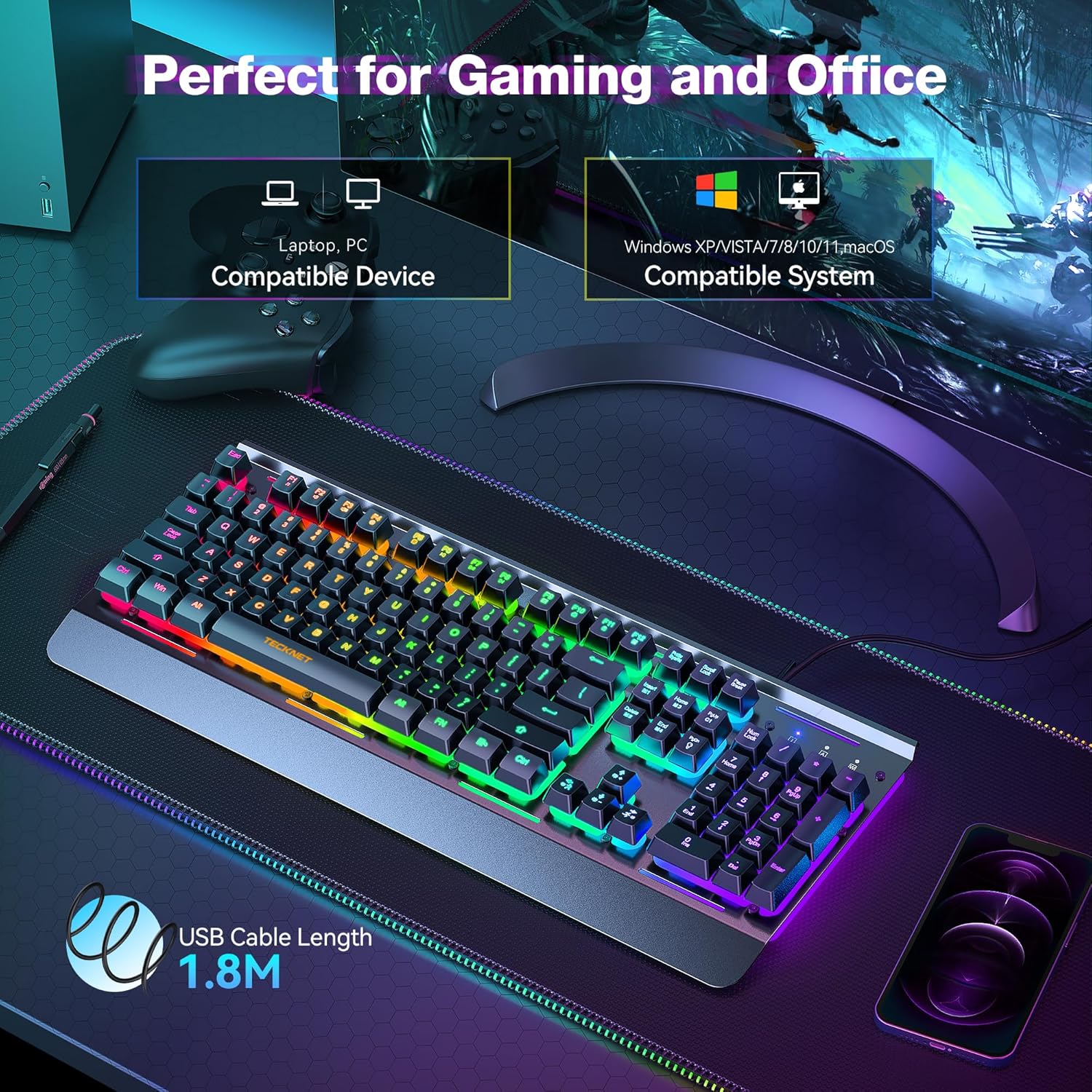 Wired Gaming Keyboard – USB wired computer keyboard, 15-zone RGB backlighting, IP32 waterproof rating.